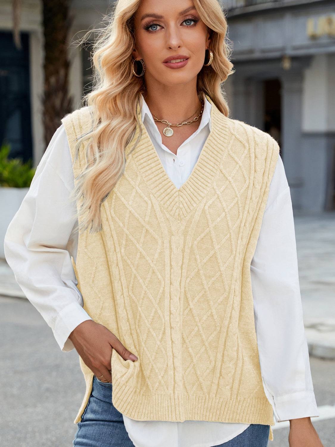 Beige cable knit V-neck sweater vest, front view