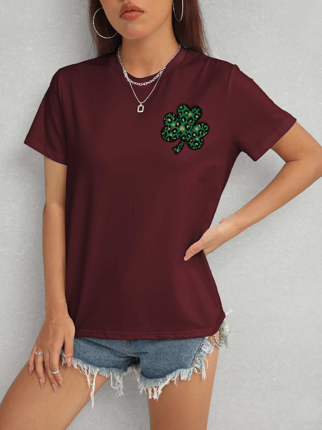 Burgundy Lucky Clover Round Neck T-Shirt