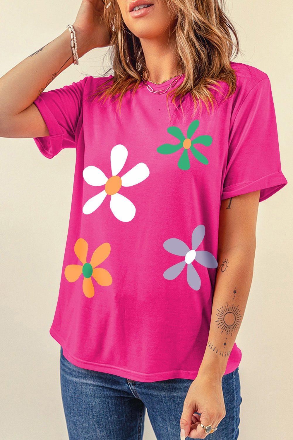 Pink flower round neck short sleeve t-shirt, front view