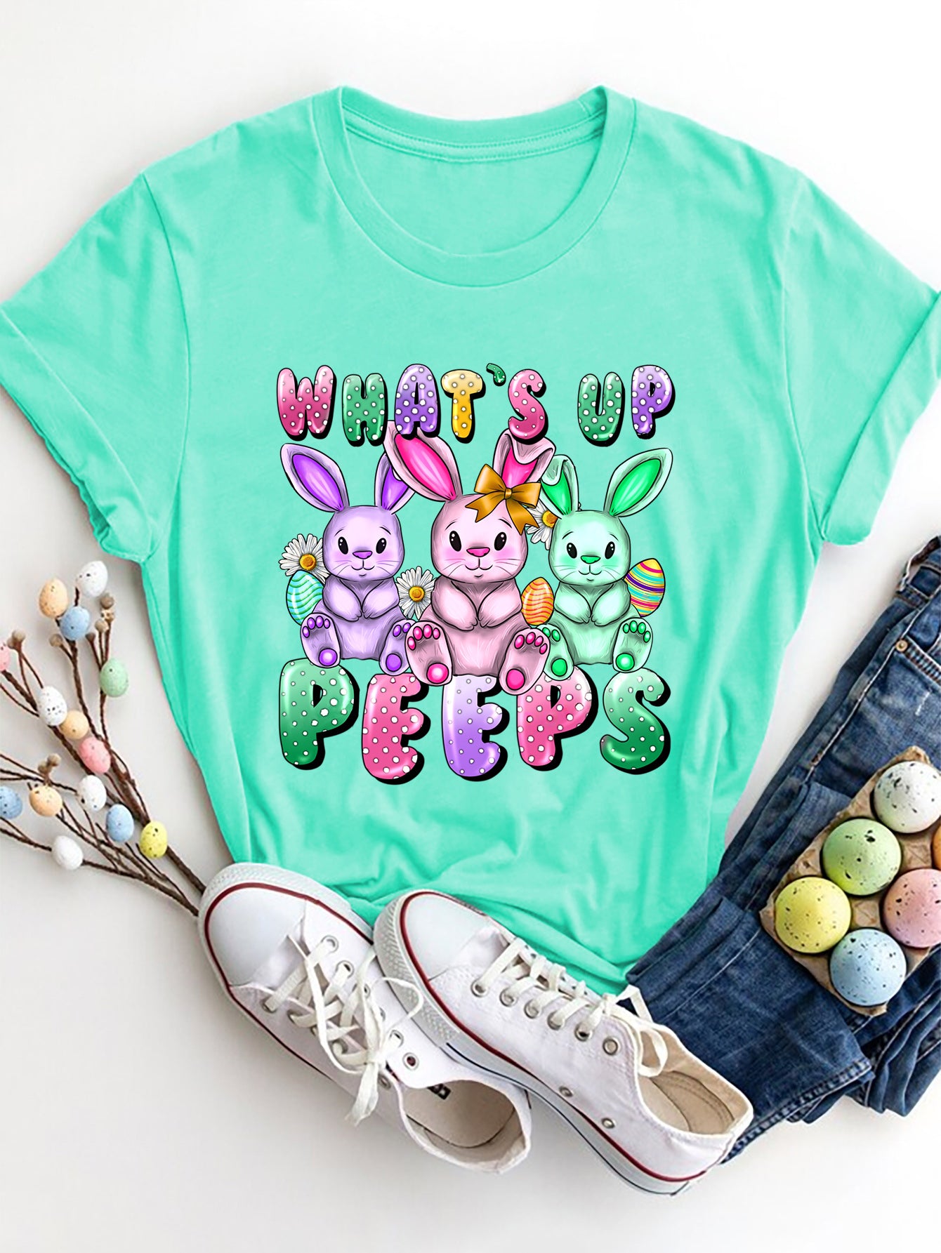 Mint graphic round neck short sleeve t-shirt with bunny design