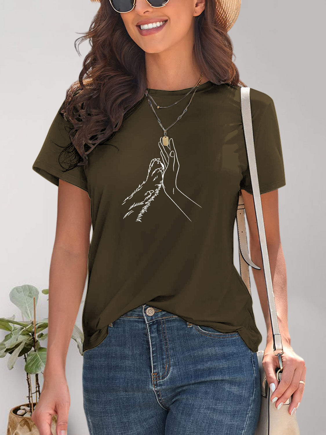 Dark olive T-shirt with hand and paw design