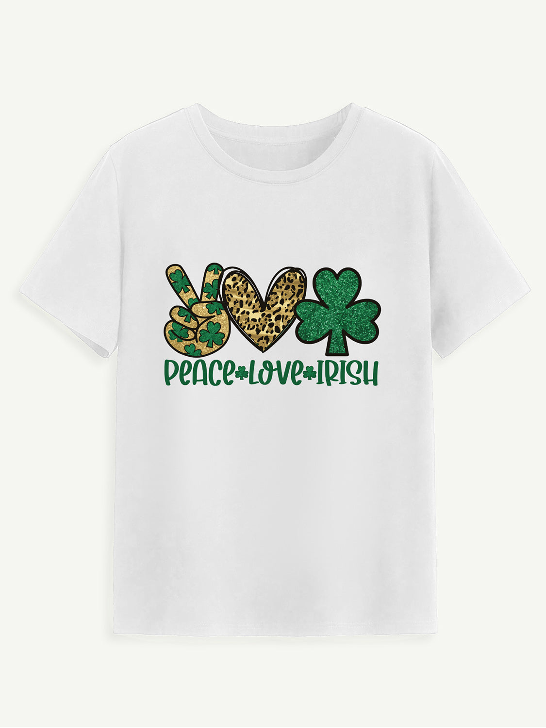 White Peace Love Irish T-Shirt with shamrock design