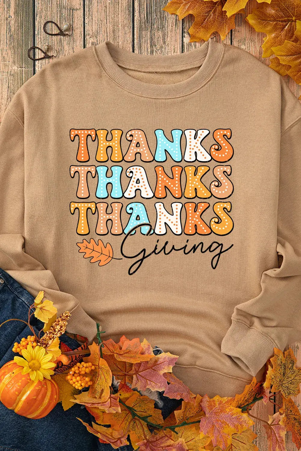 THANKSGIVING sweatshirt styled with autumn decor