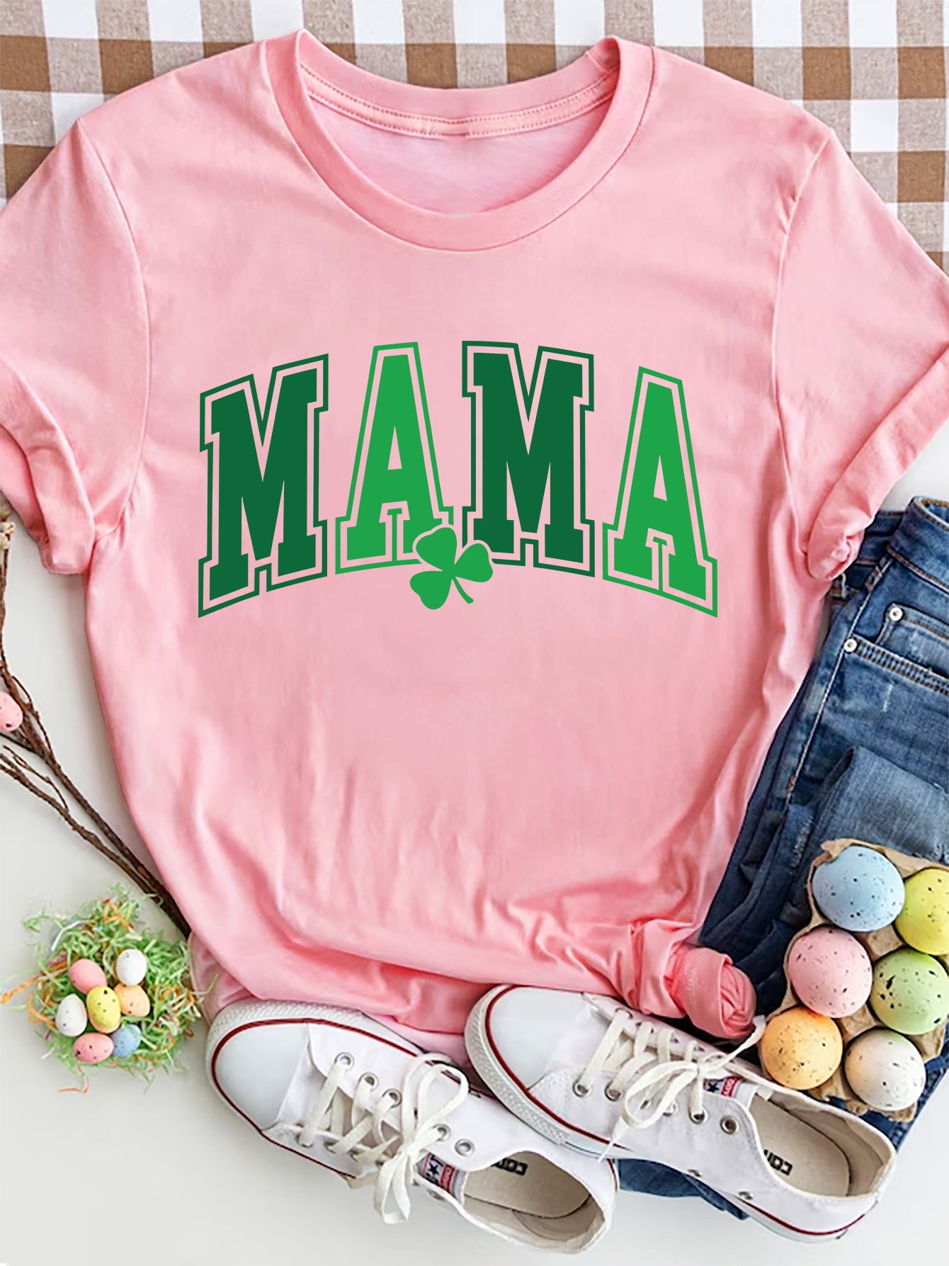 Pink MAMA round neck short sleeve T-shirt