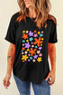 Black T-shirt with colorful flower graphic, round neck, short sleeves