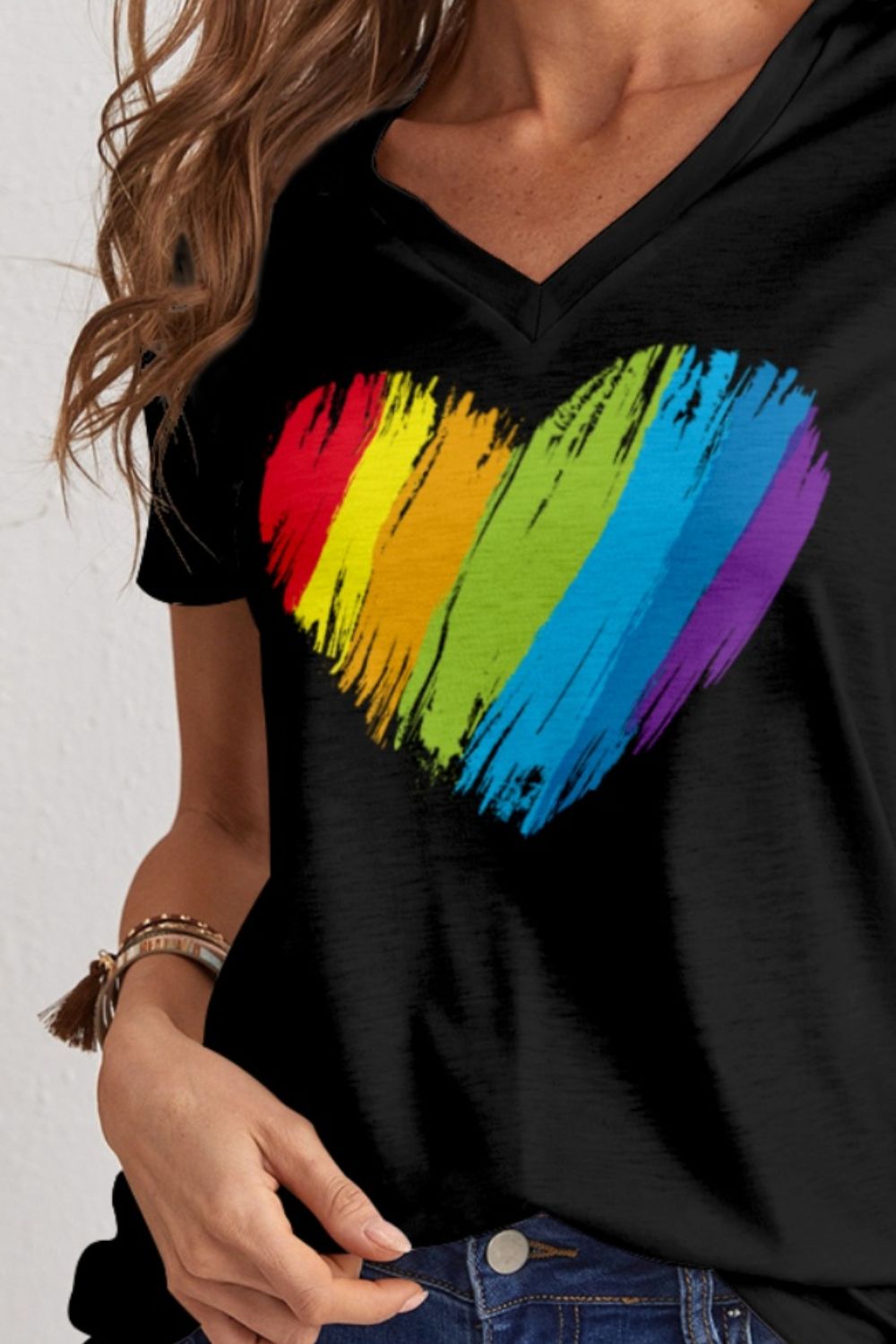 Rainbow heart design on black V-Neck T-Shirt