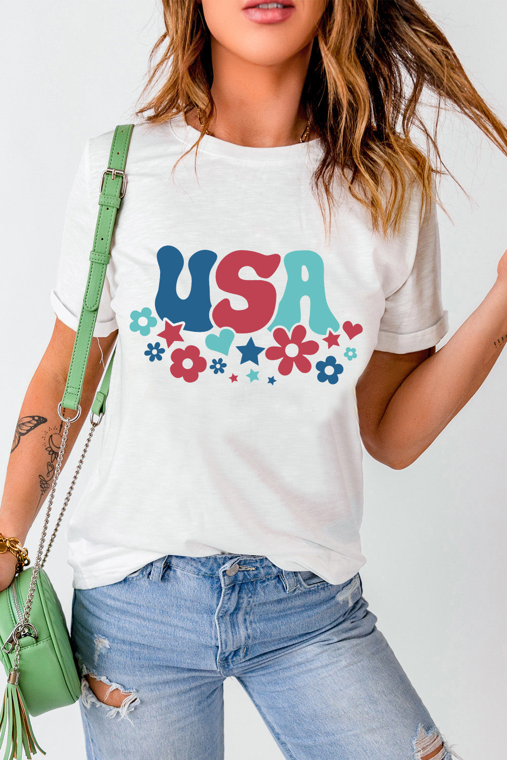 USA round neck short sleeve t-shirt with floral design