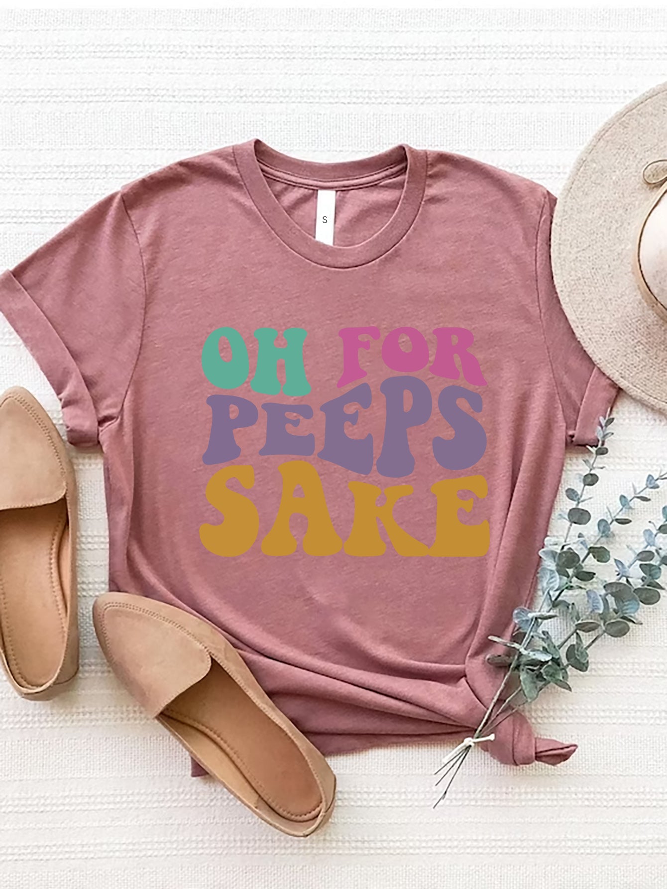 Mauve OH FOR PEEPS SAKE round neck t-shirt with colorful text