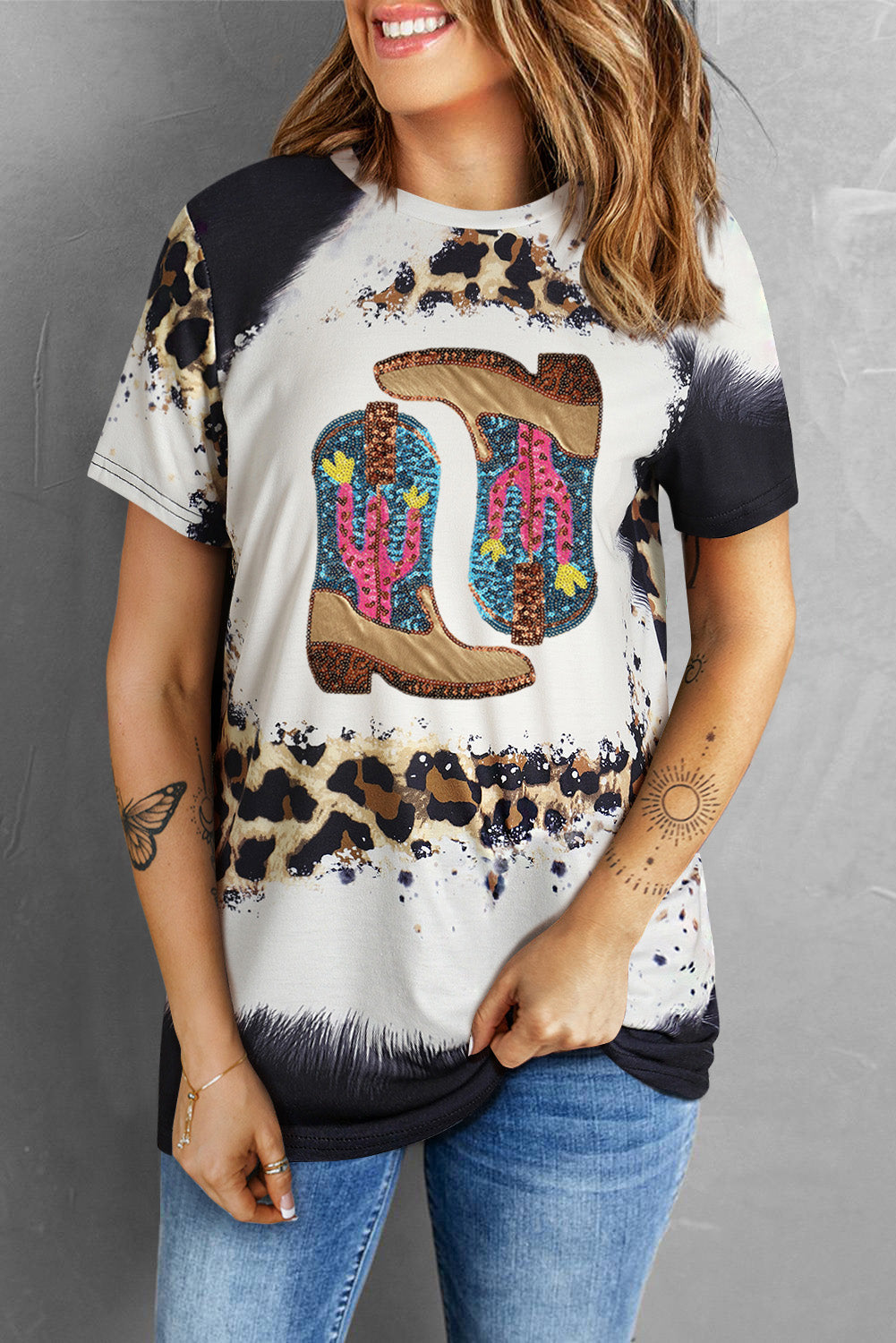 Paillettenstiefel Leoparden Rundhals Kurzarm T-Shirt