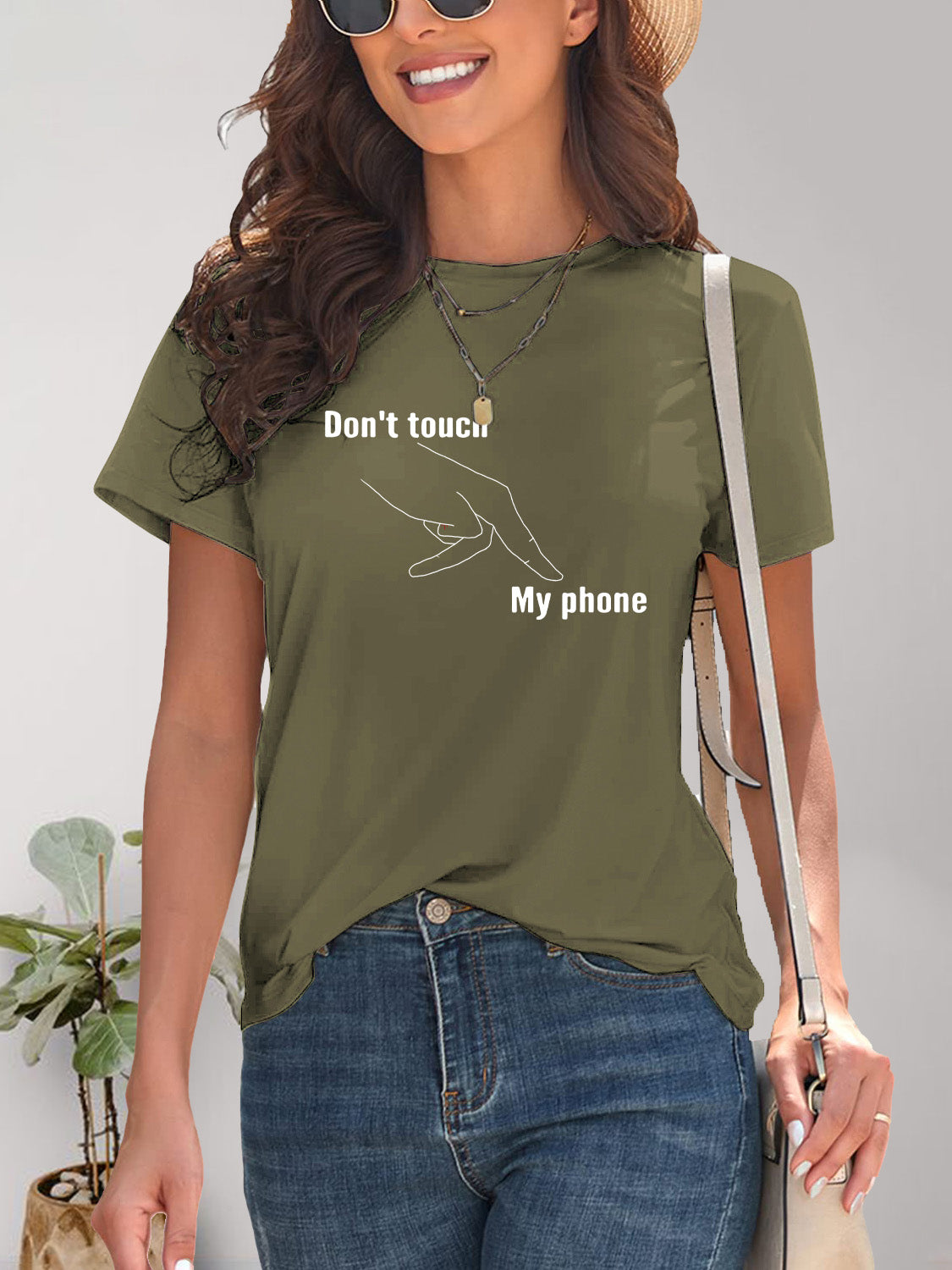 Olive green graphic round neck short sleeve T-shirt