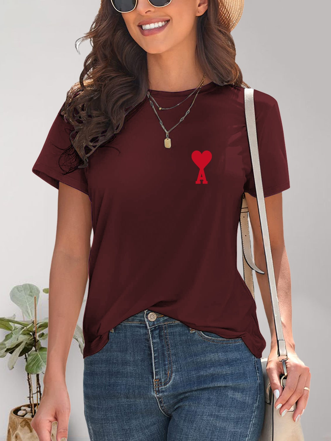 Burgundy heart round neck short sleeve t-shirt front