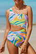Colorful cutout single shoulder one-piece swimwear front view