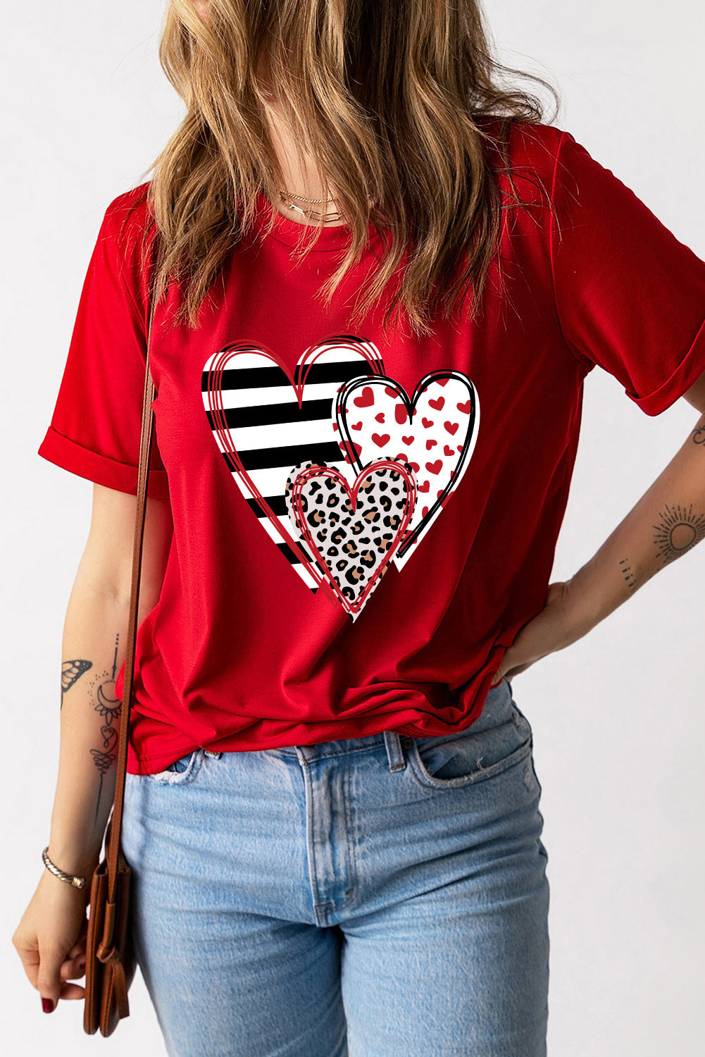Red heart round neck short sleeve t-shirt, front view