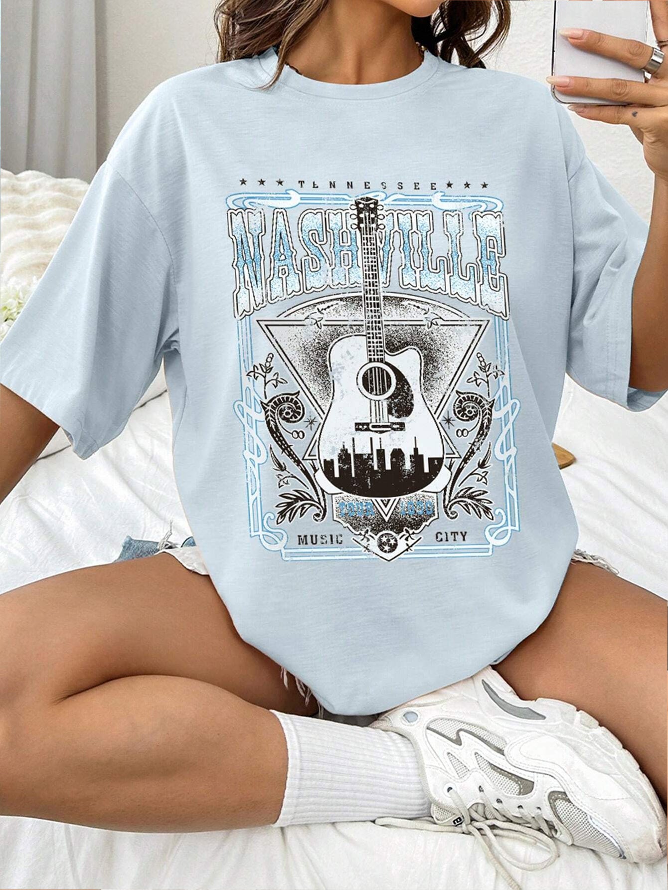 Blue Nashville guitar graphic round neck t-shirt