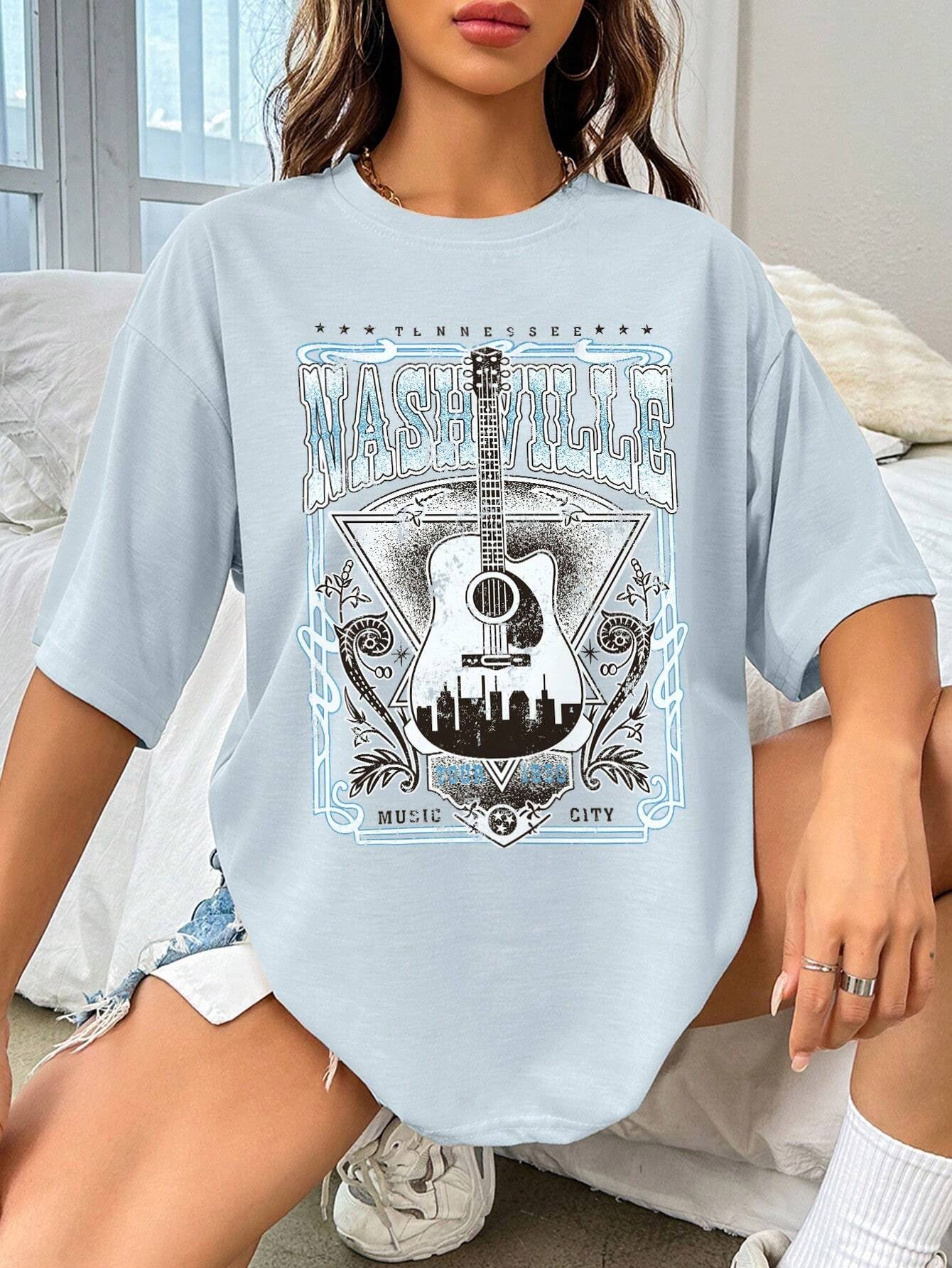 Blue Nashville guitar graphic round neck t-shirt