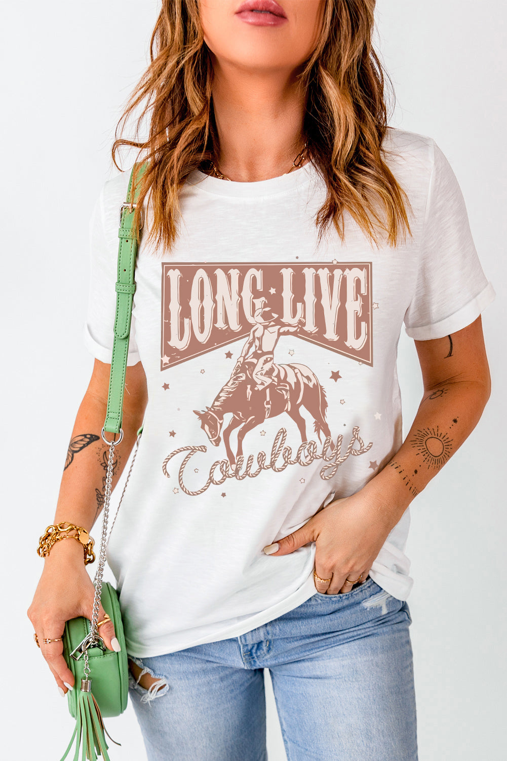 White t-shirt with cowboy graphic, front view
