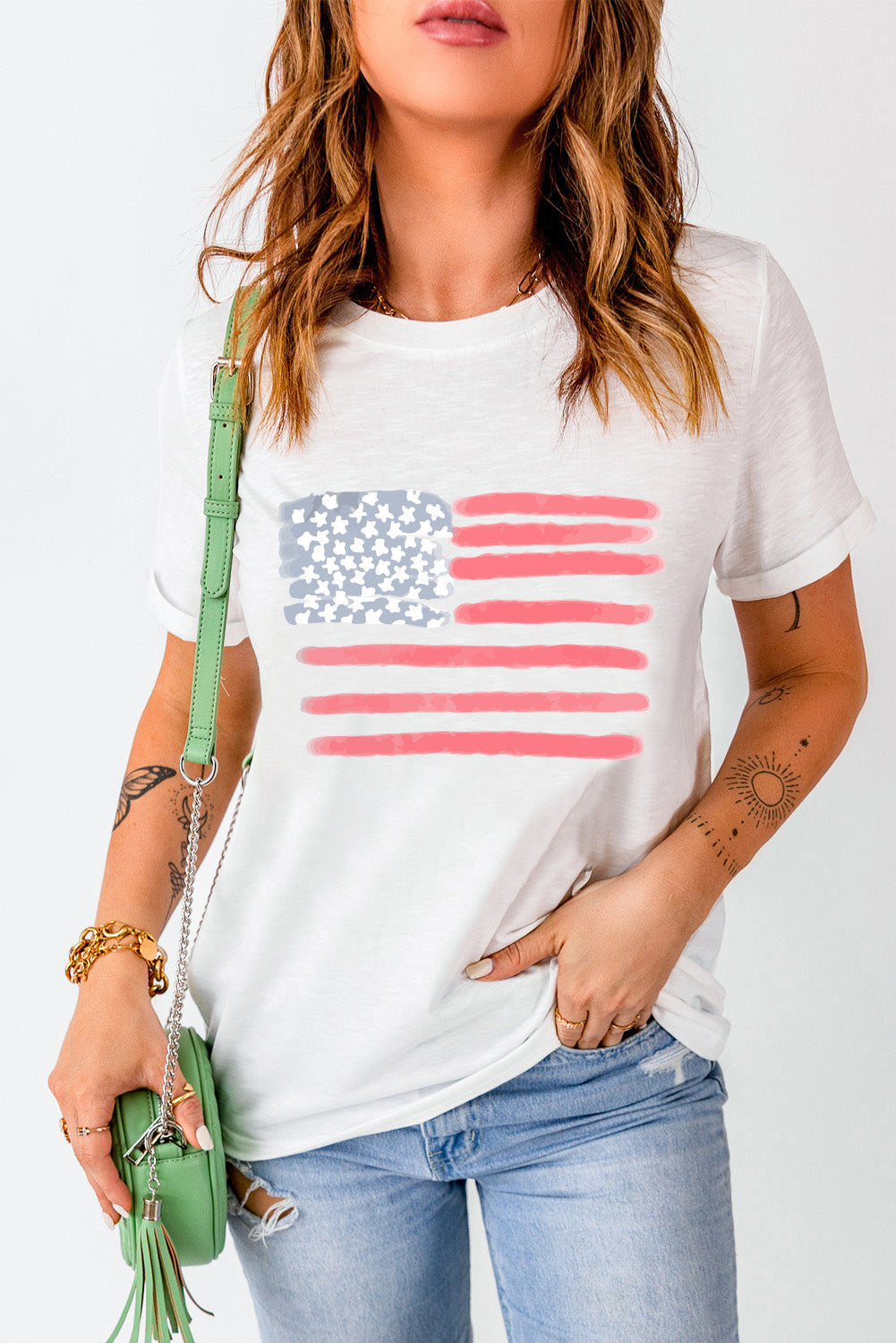 US Flag Round Neck Short Sleeve T-Shirt styled with jeans
