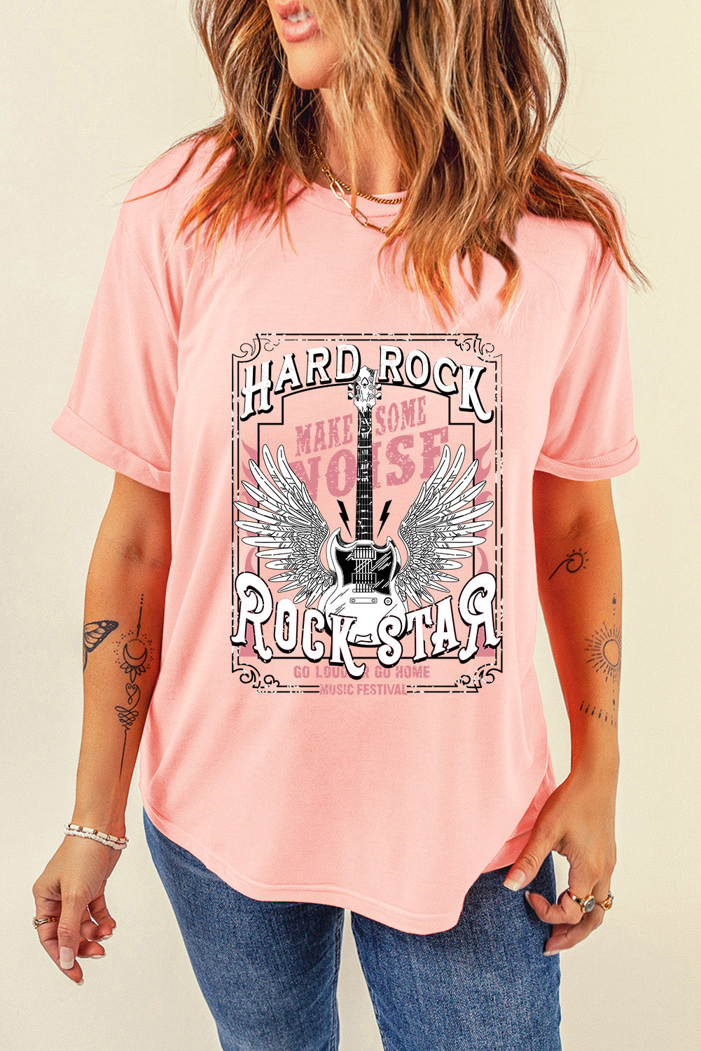 Pink graphic round neck short sleeve T-shirt, front view