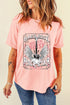 Pink graphic round neck short sleeve T-shirt, front view