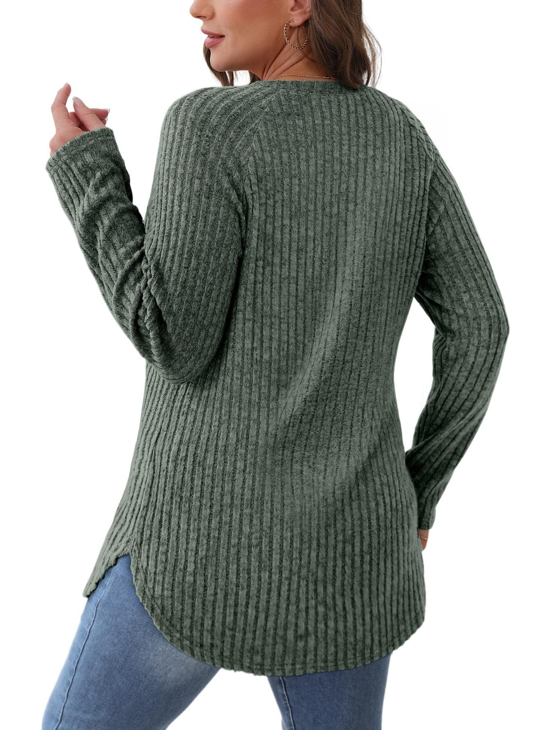 Green ribbed round neck raglan sleeve t-shirt back view