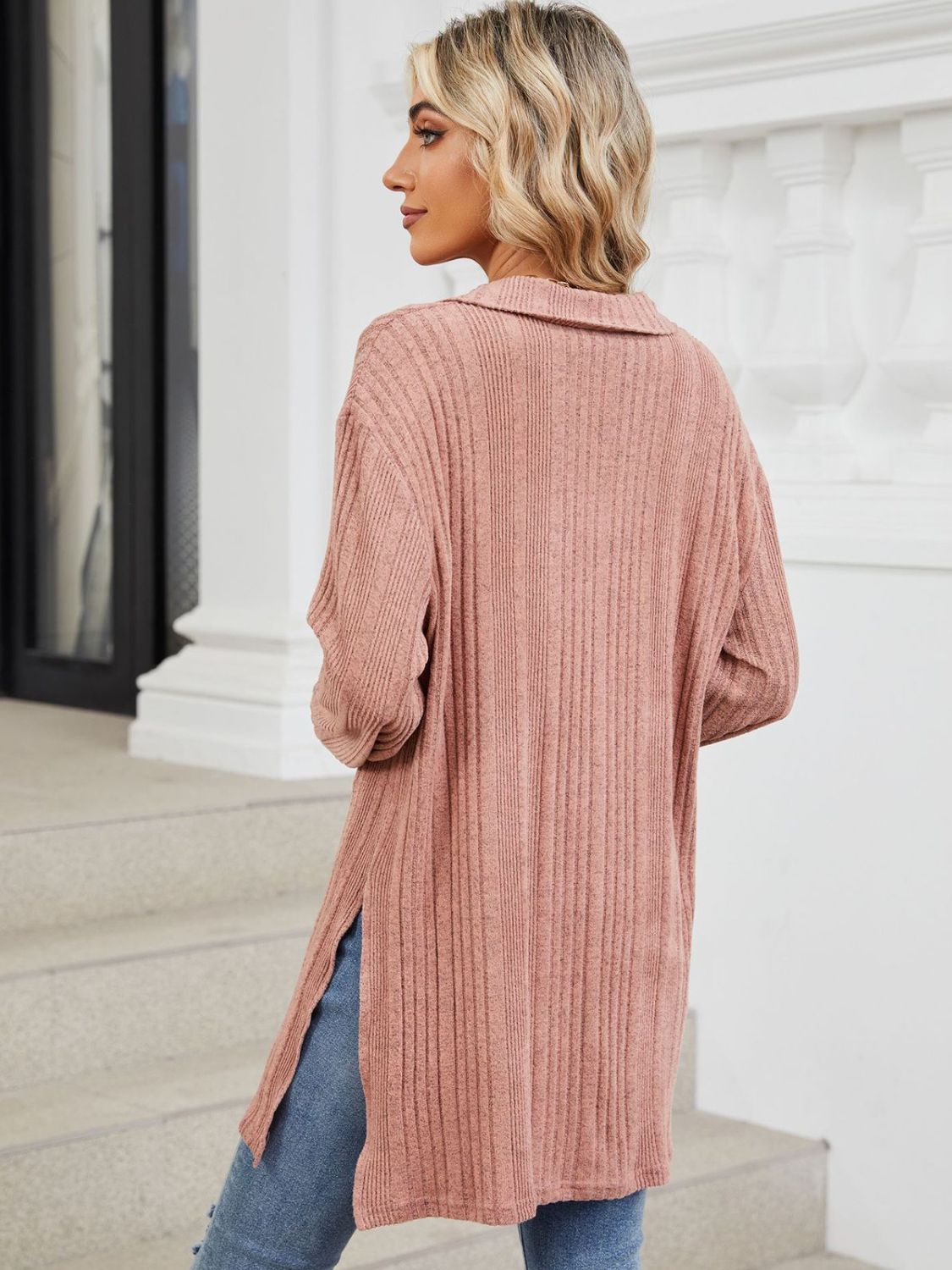 Pink slit Johnny collar long sleeve t-shirt back view