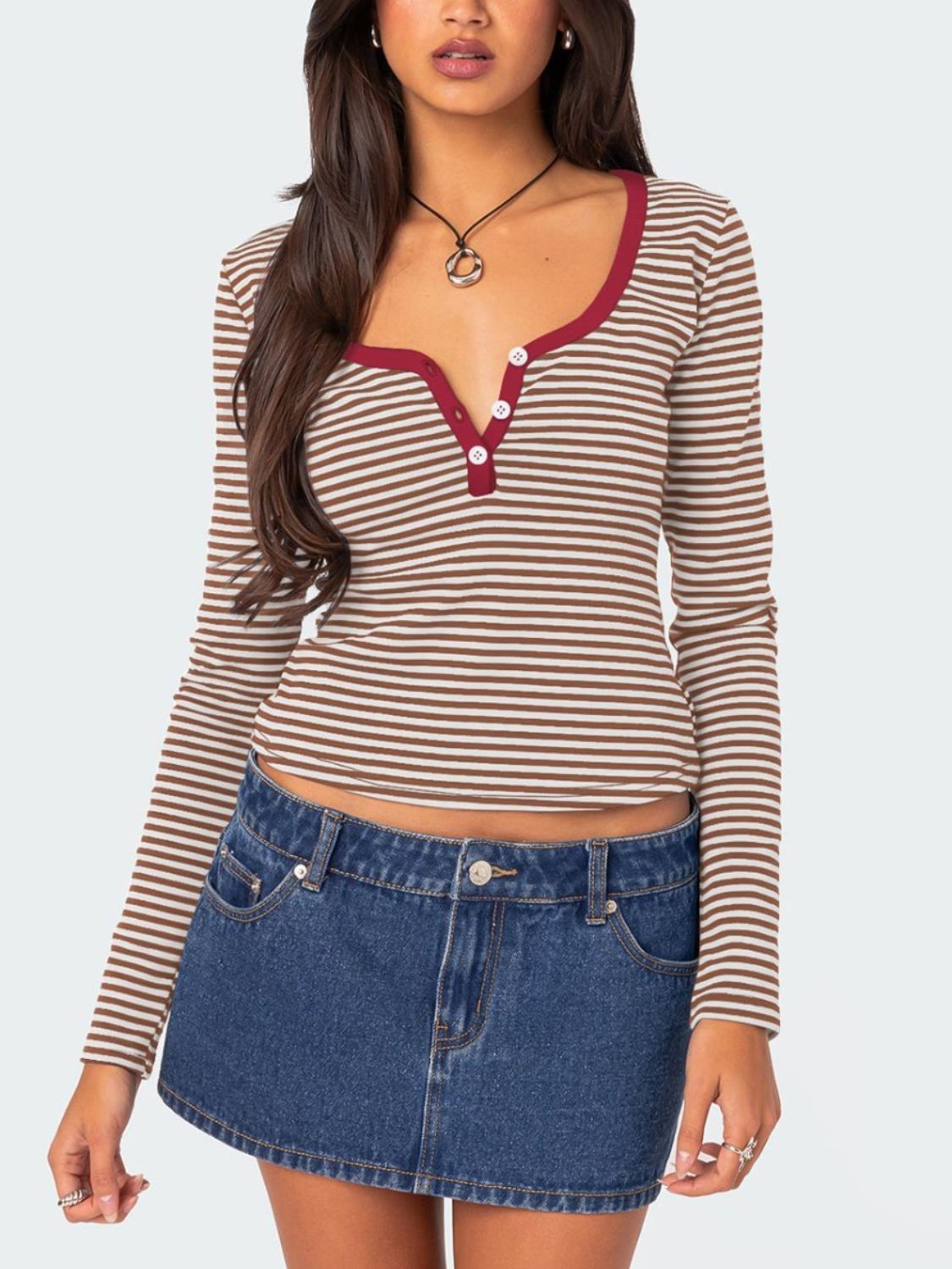 Brown and white striped long sleeve T-shirt with maroon trim