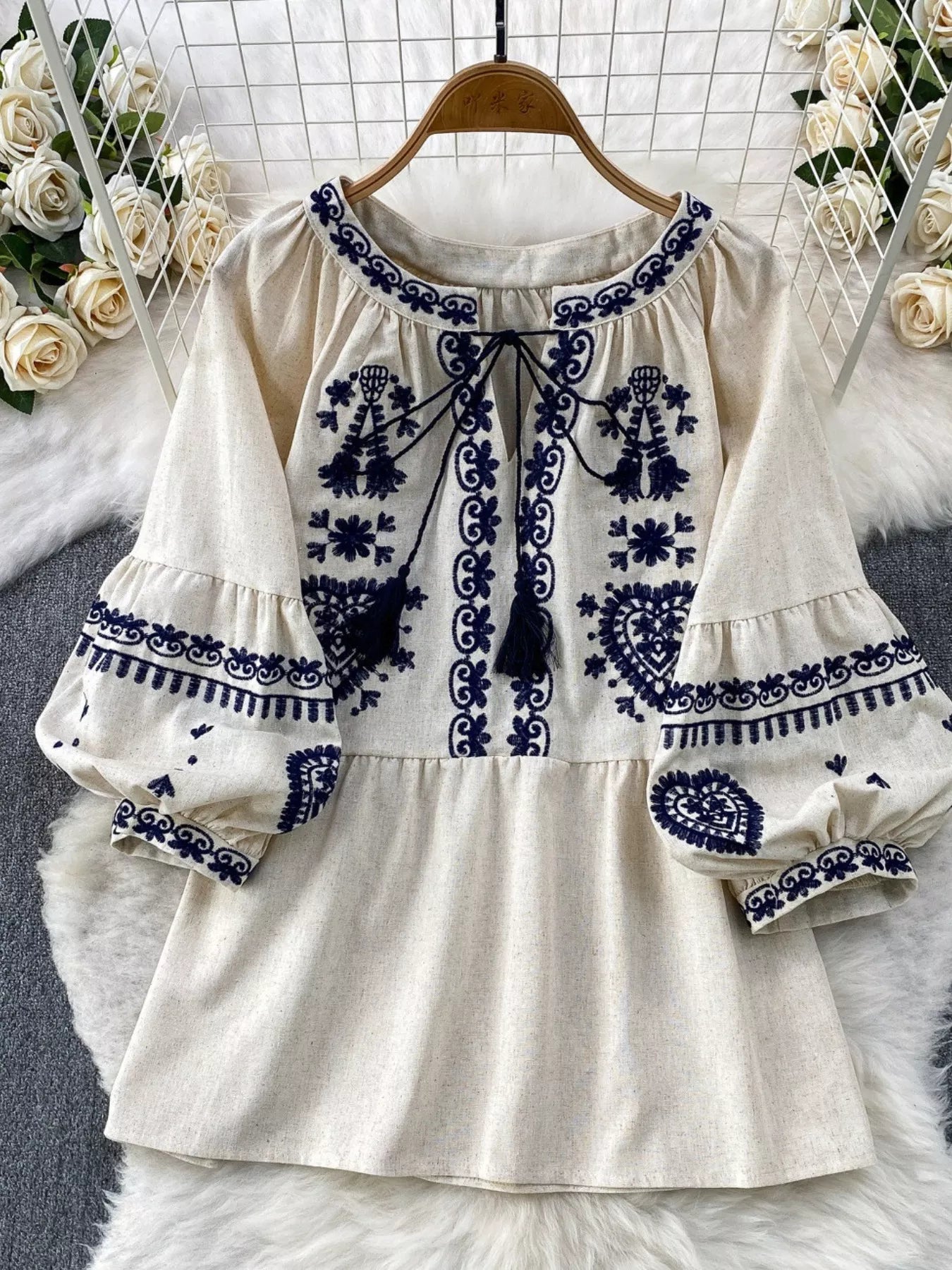 Embroidered Tie Neck Blouse