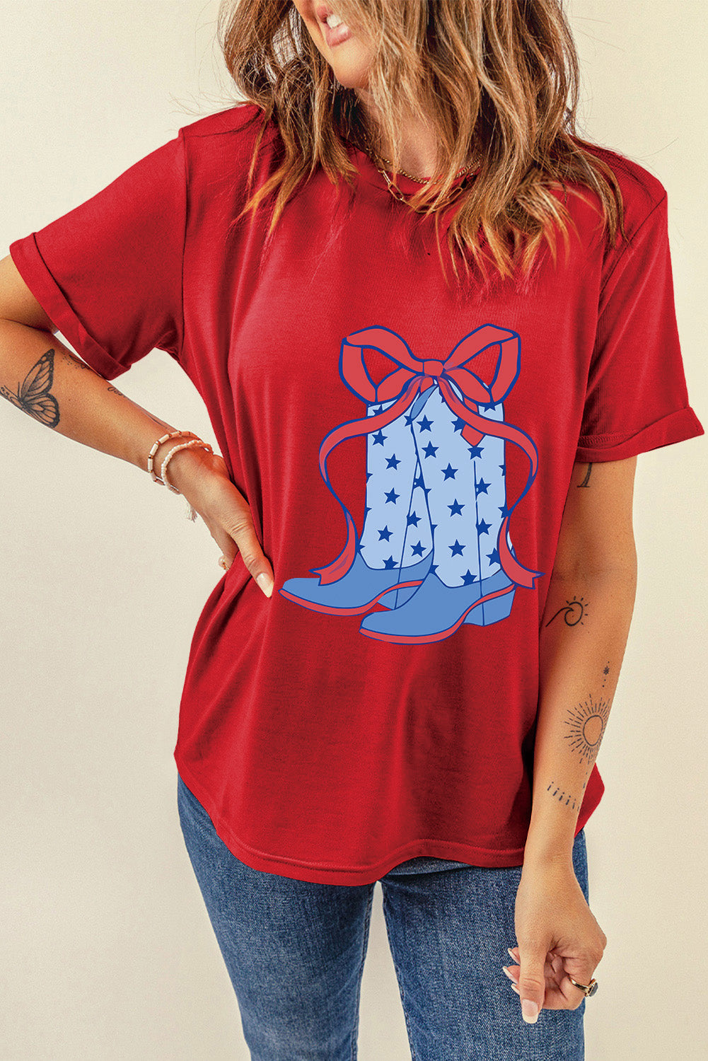 Red T-shirt with starry boot graphic