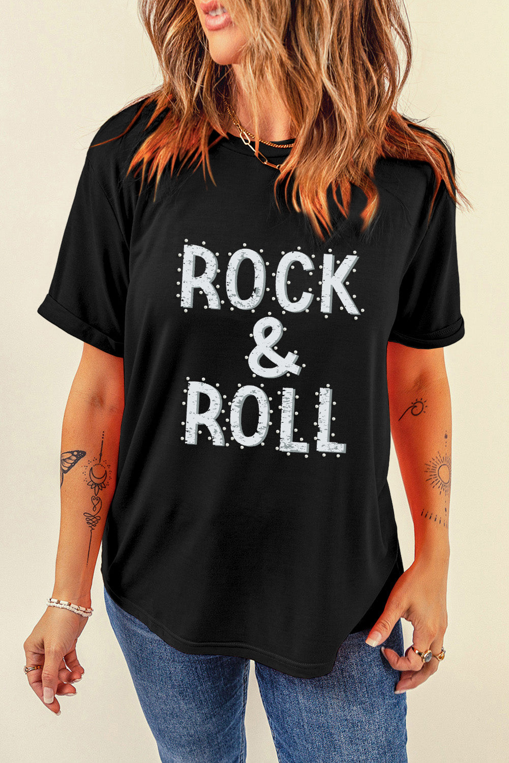 Round neck black T-shirt featuring &