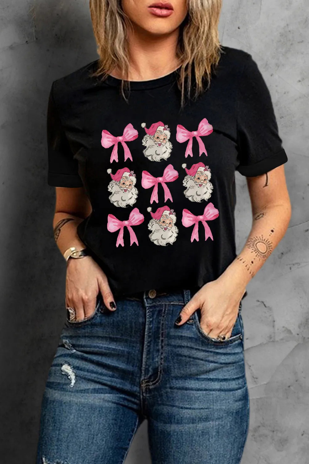 Santa & Bow Graphic T-Shirt with short sleeves on model