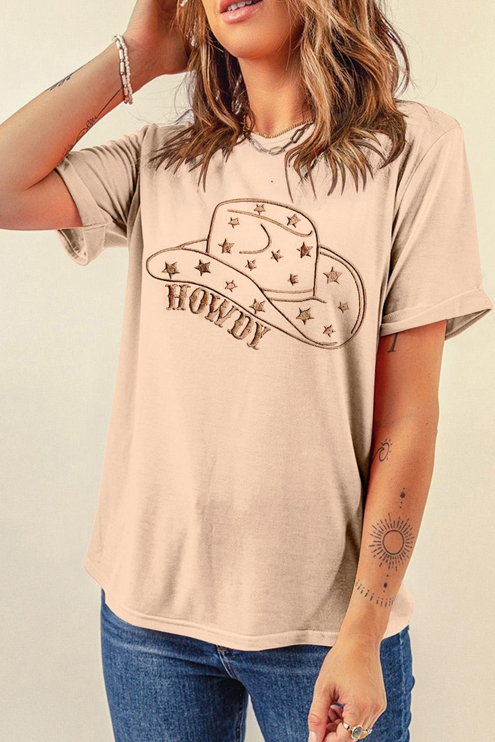 Beige t-shirt with hat graphic and &