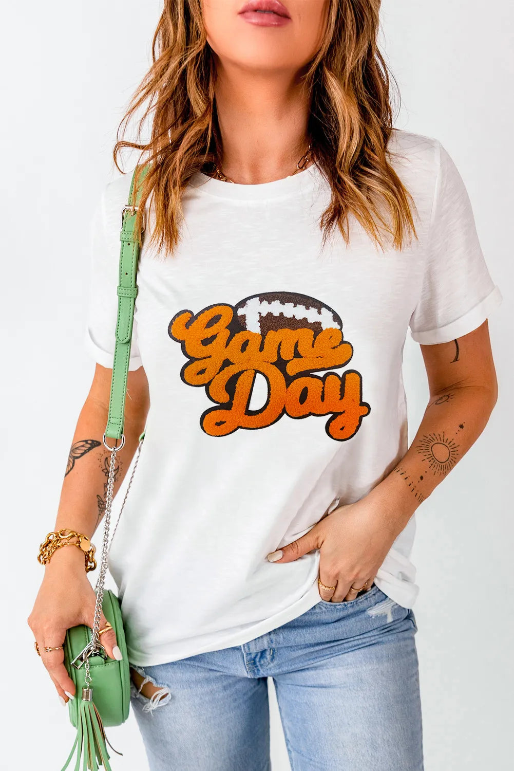 White Game Day T-shirt with football graphic, front view