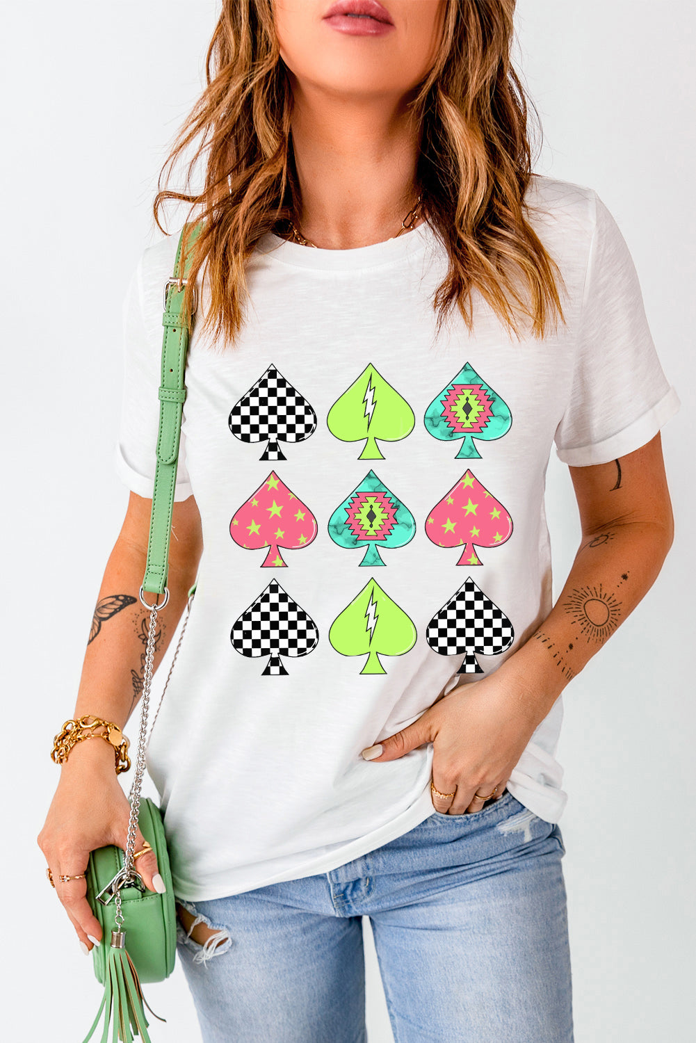 Round neck T-shirt featuring vibrant spade graphics