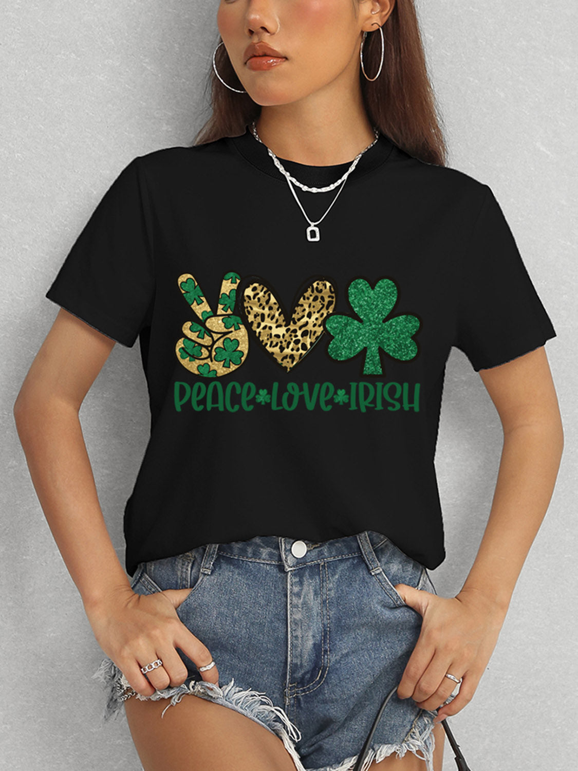 Black Peace Love Irish T-Shirt styled with shorts
