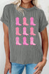 Striped T-shirt with pink boots graphic, round neck, short sleeves