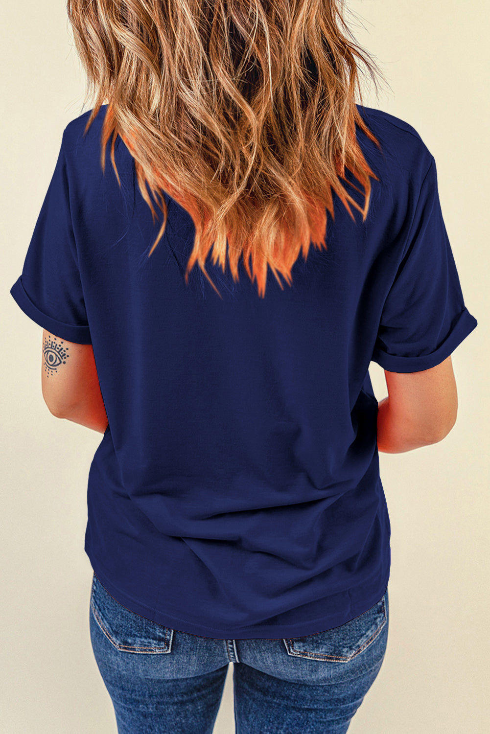 Back view of navy round neck T-shirt