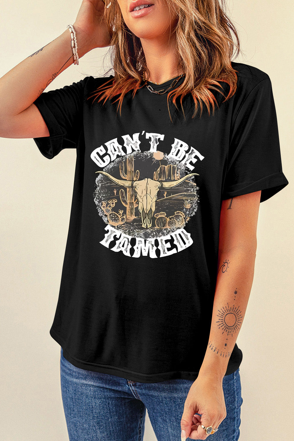 Black graphic round neck short sleeve t-shirt, &