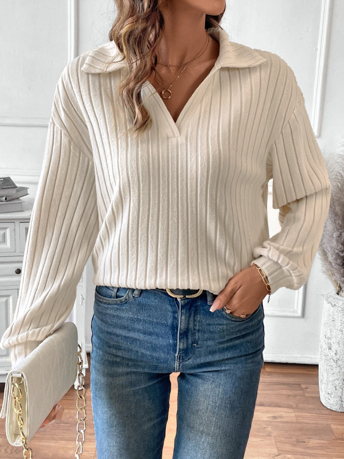 Ribbed Johnny Collar Long Sleeve T-Shirt front view