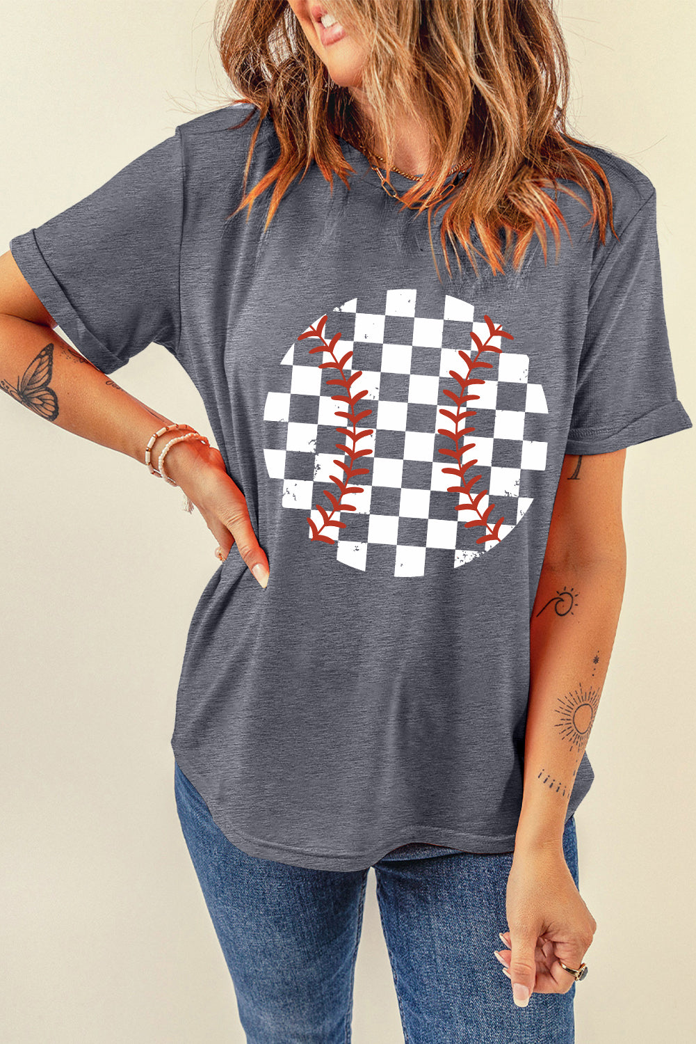 Checkered graphic round neck short sleeve t-shirt side view