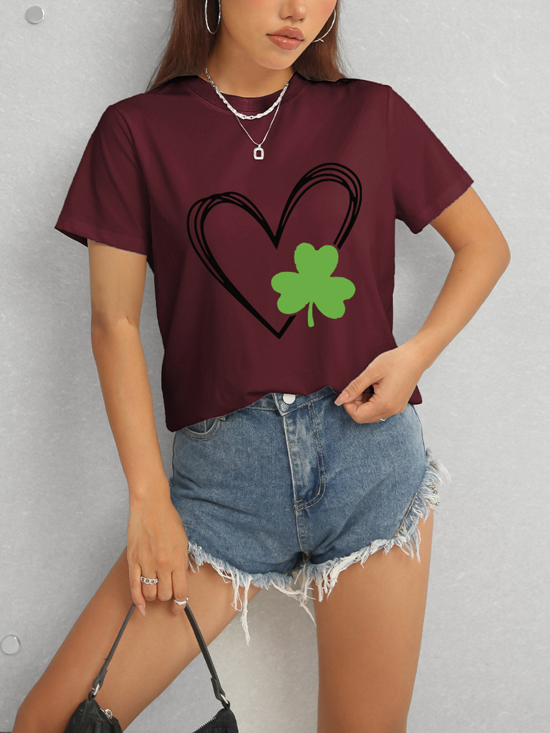 Maroon Clover Heart T-Shirt Styled with Shorts