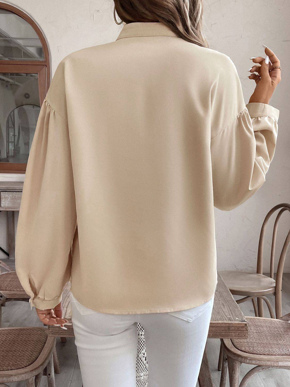 Perfee printed notched long sleeve blouse, back view