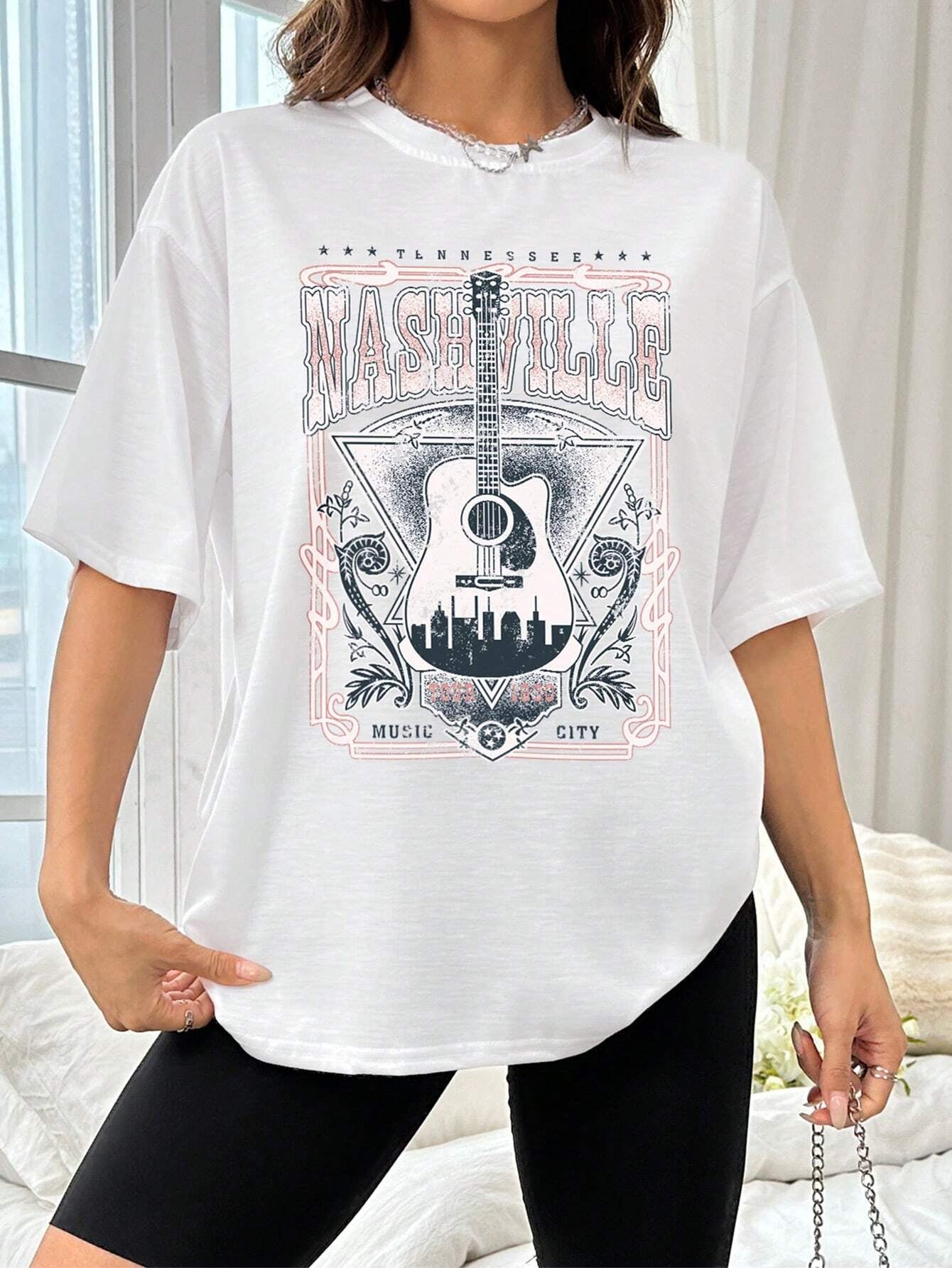 White Nashville guitar graphic round neck t-shirt