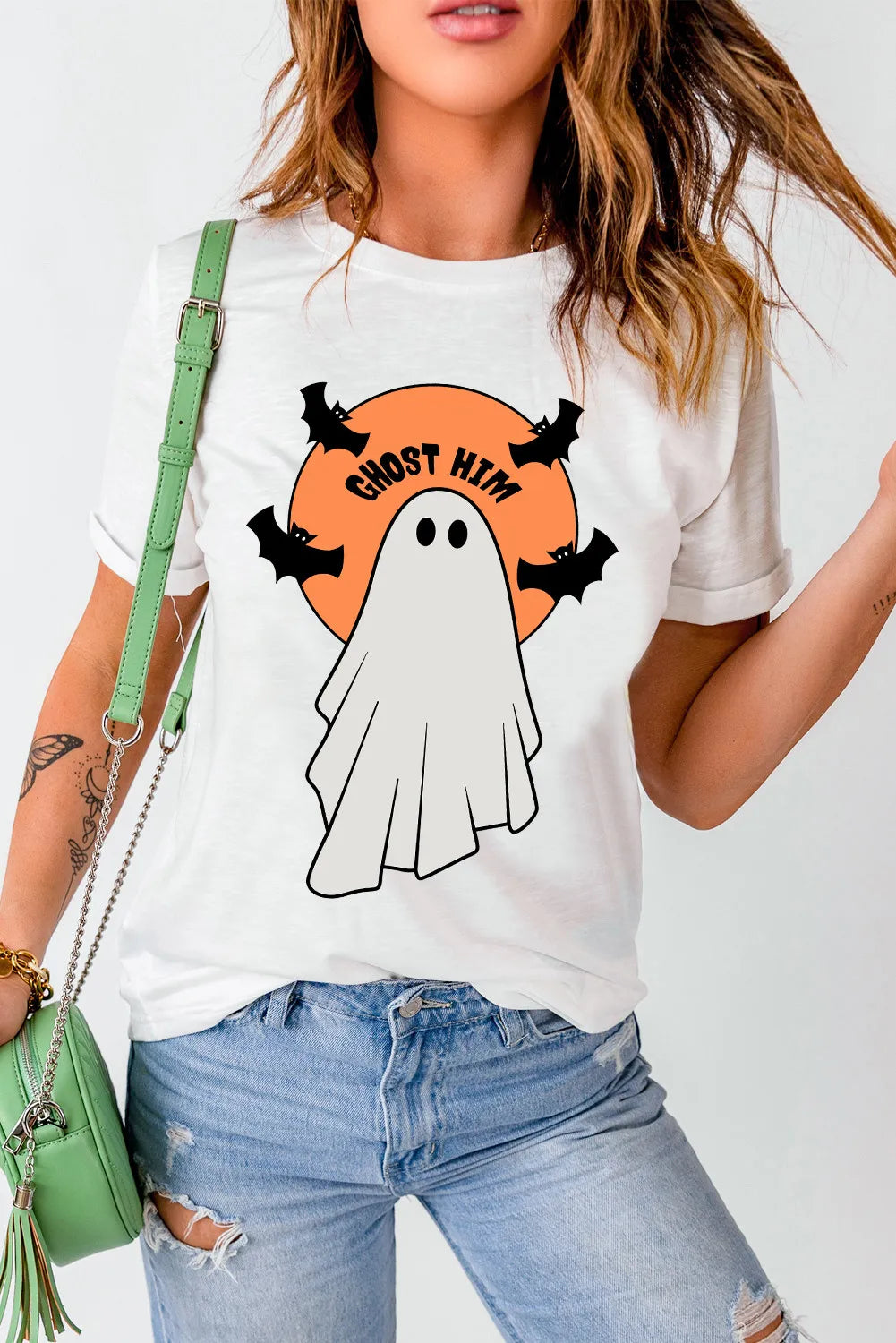 Ghost print round neck short sleeve T-shirt, styled with jeans