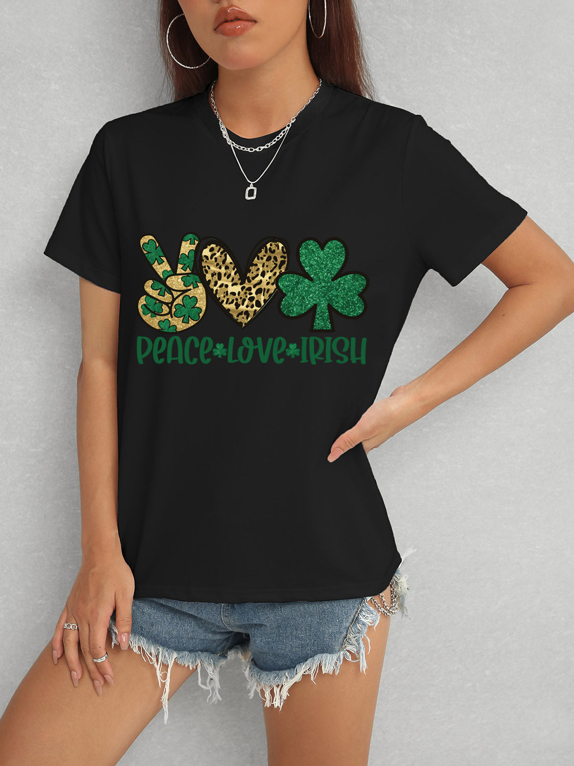 Black Peace Love Irish T-Shirt with shamrock design
