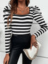 Striped square neck puff sleeve T-shirt, front view