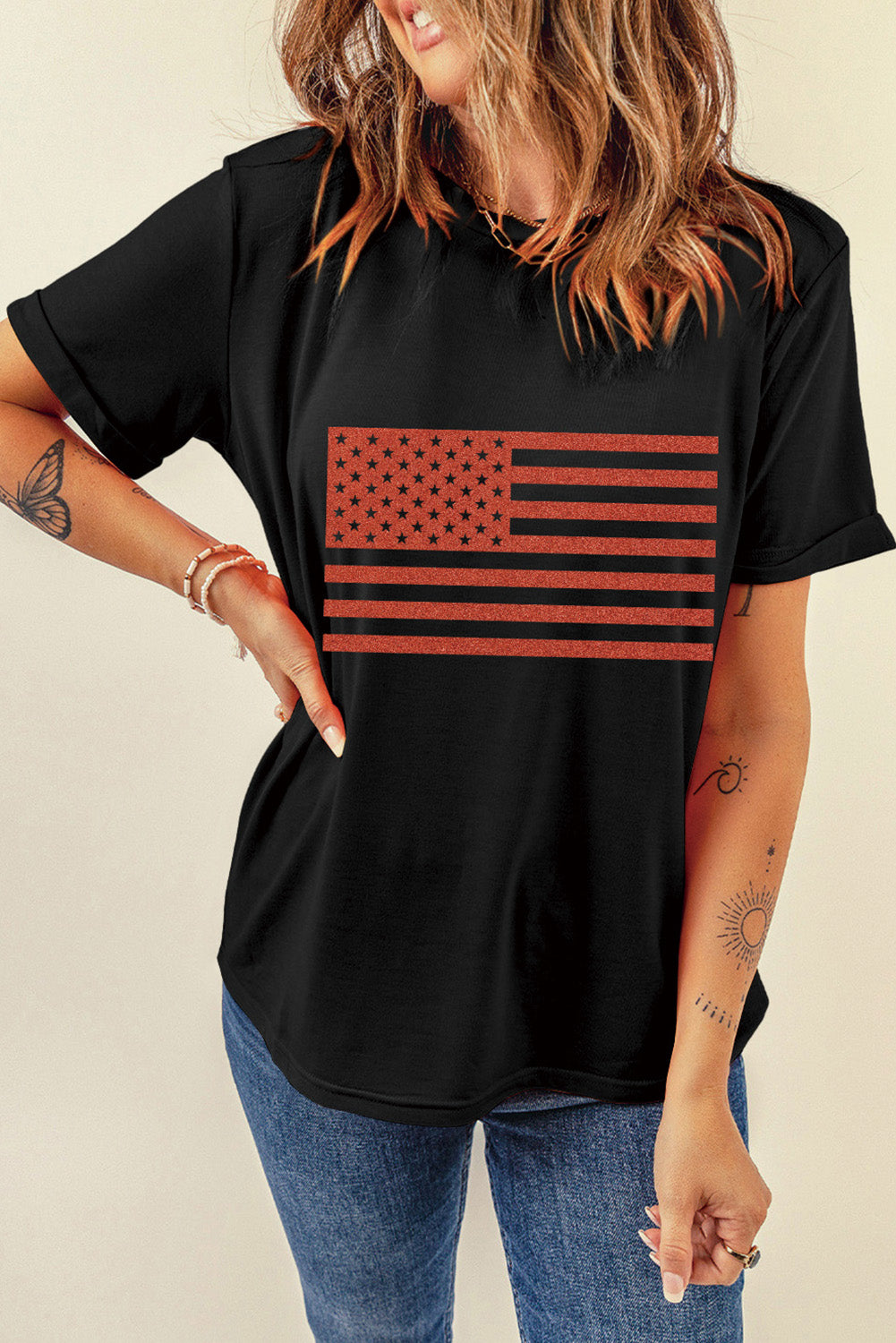 US Flag Round Neck Short Sleeve T-Shirt, side view