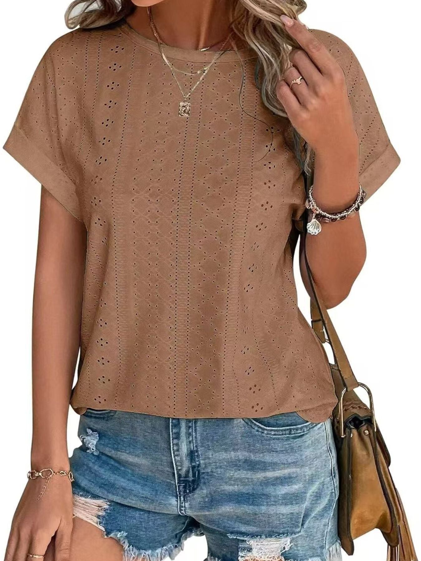 Eyelet Round Neck Short Sleeve Top