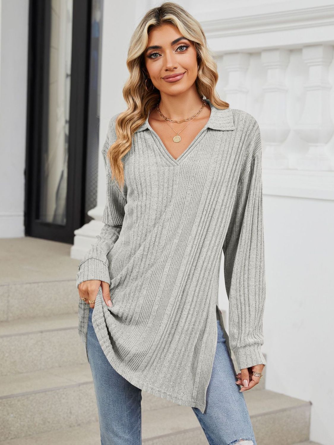 Light gray slit Johnny collar long sleeve t-shirt front view