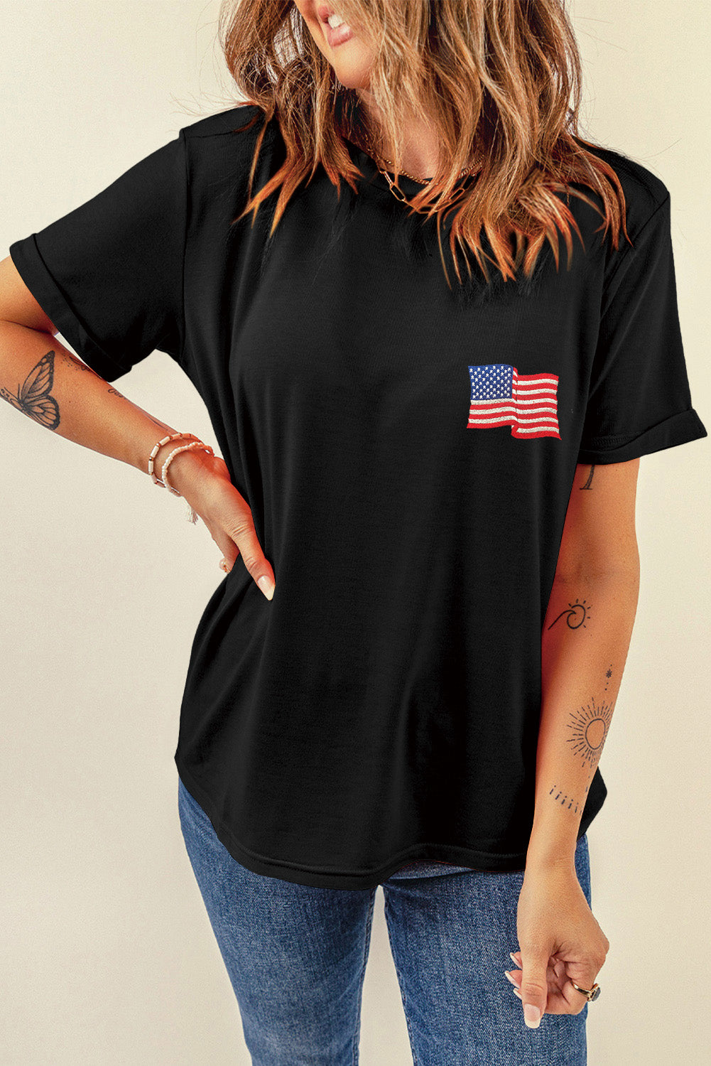 Black US Flag T-Shirt with round neck and short sleeves.