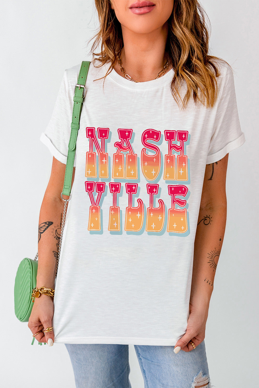 Nashville letter graphic round neck short sleeve T-shirt